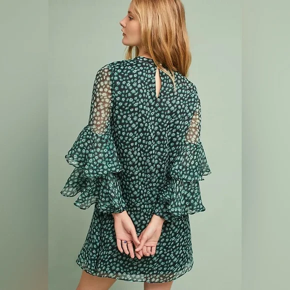 Anthropologie Ranna Gill Green Fluttered embroidered Boho Mini Dress XS NWOT - Picture 3 of 10